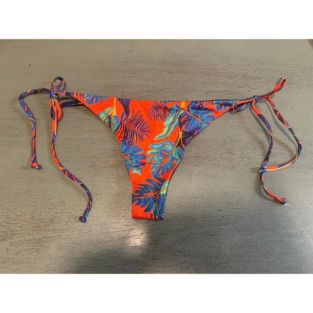 L*Space Itsy Cut Bikini Bottom Orange Tropical Floral Side Tie Medium NWOT